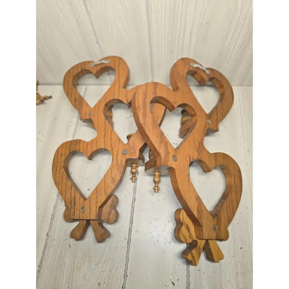 Vtg 1980s Triple Heart Wood Wall Sconces Handmade Set Of 2 Cottagecore Heritage
